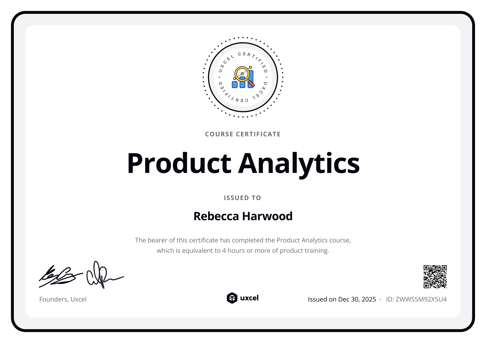 Rebecca Harwood's certificate